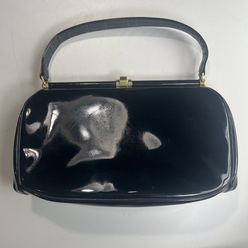 Coblentz Purse Vintage Black Perma Plastic Gold Trim Arch Handle Evening Bag 50s